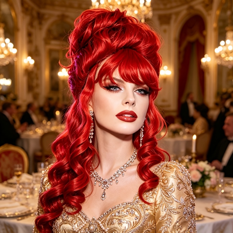 TEMU Retro Ball Red Hair Bun Wig, Carnival Style High Bun With Side- Bangs And Curls, Court Theme Red Bun Wig, European Costume High Bun Wig, Red, No