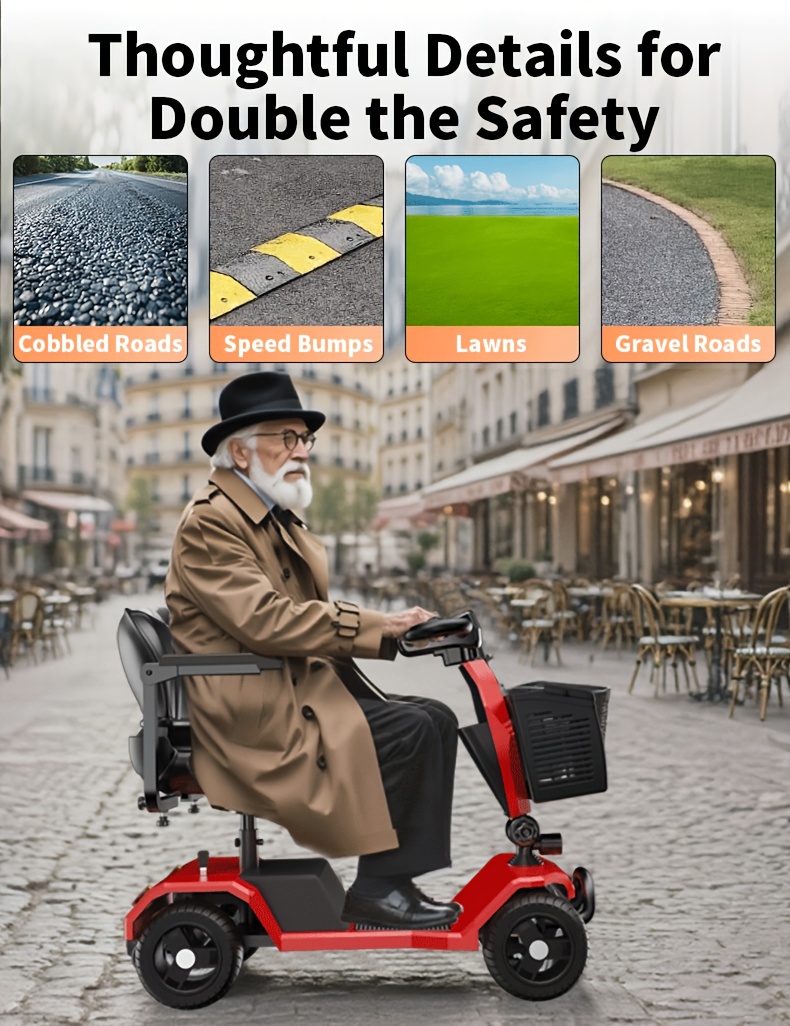 the four wheel electric scooter is foldable with a 250w motor 24v 12ah battery 15 5 mile range 8 inch solid tires 300 lb load capacity removable basket front headlight rear anti tilt wheels and easy     Product details 11