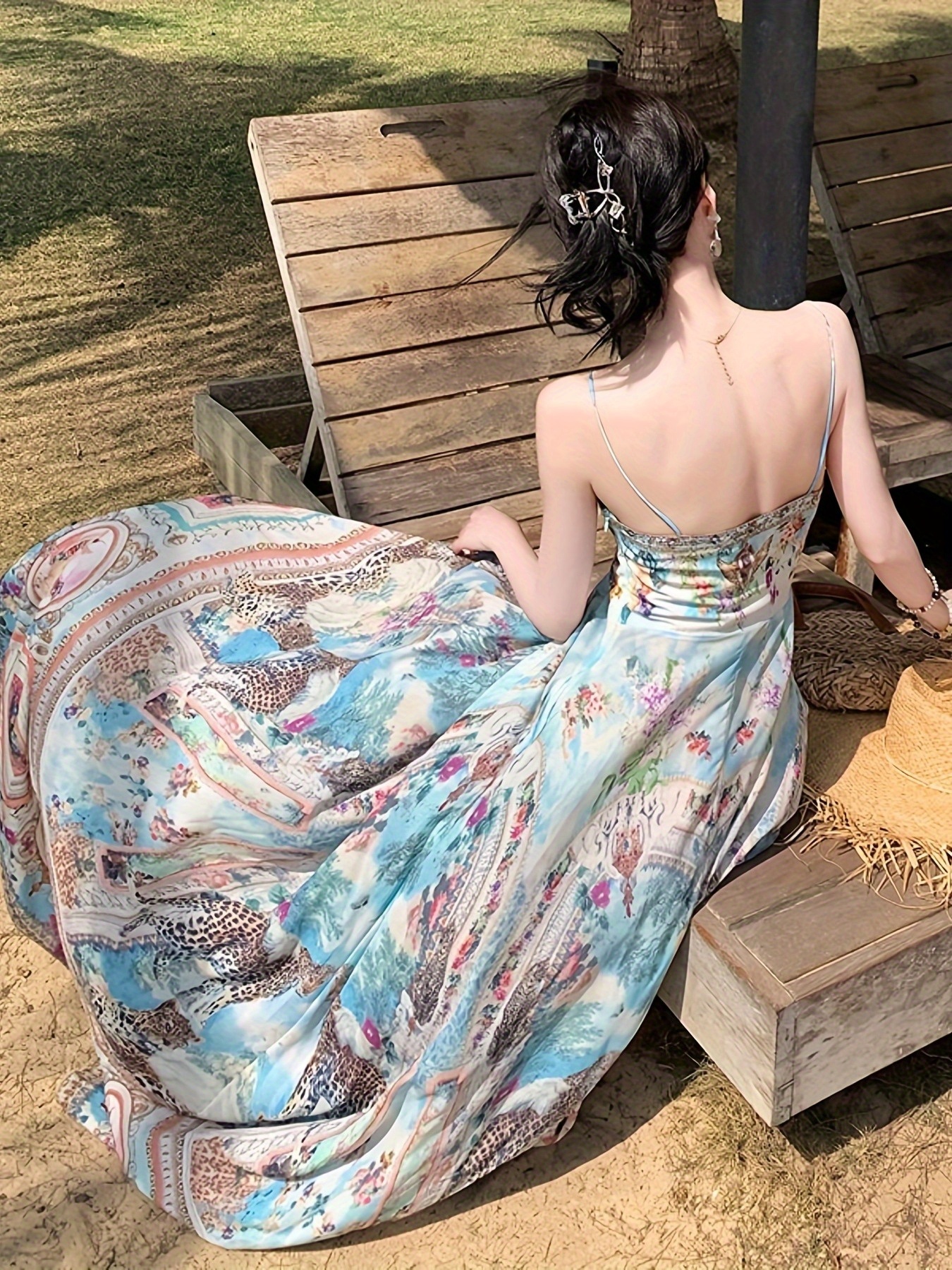 Long Spaghetti Strap Dress Summer 2025 Summer Beach Vacation Print