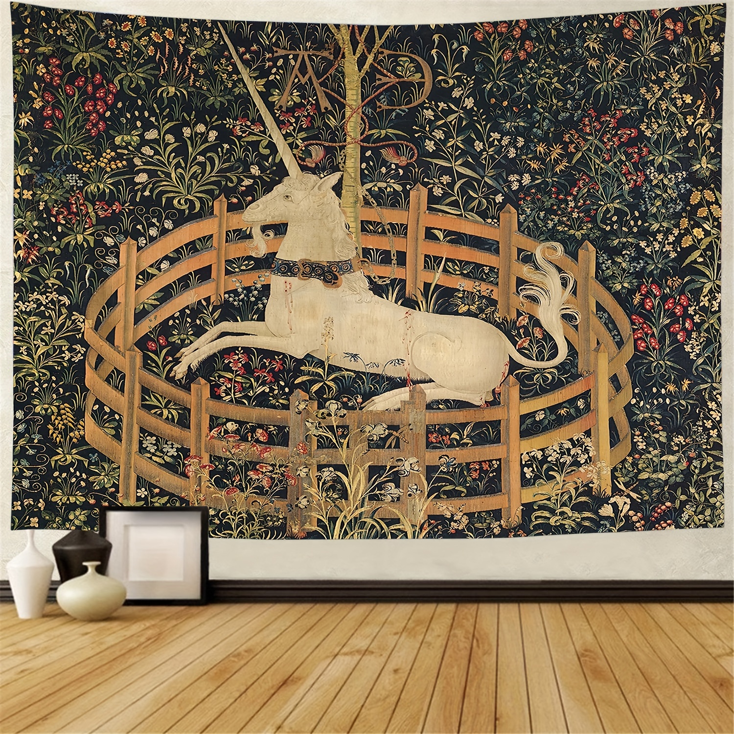 

1pc Unicorn Floral Print Tapestry, Polyester Tapestry, Wall Hanging For Living Room Bedroom Office, Home Decor Room Decor Party Decor, With Free Installation Package