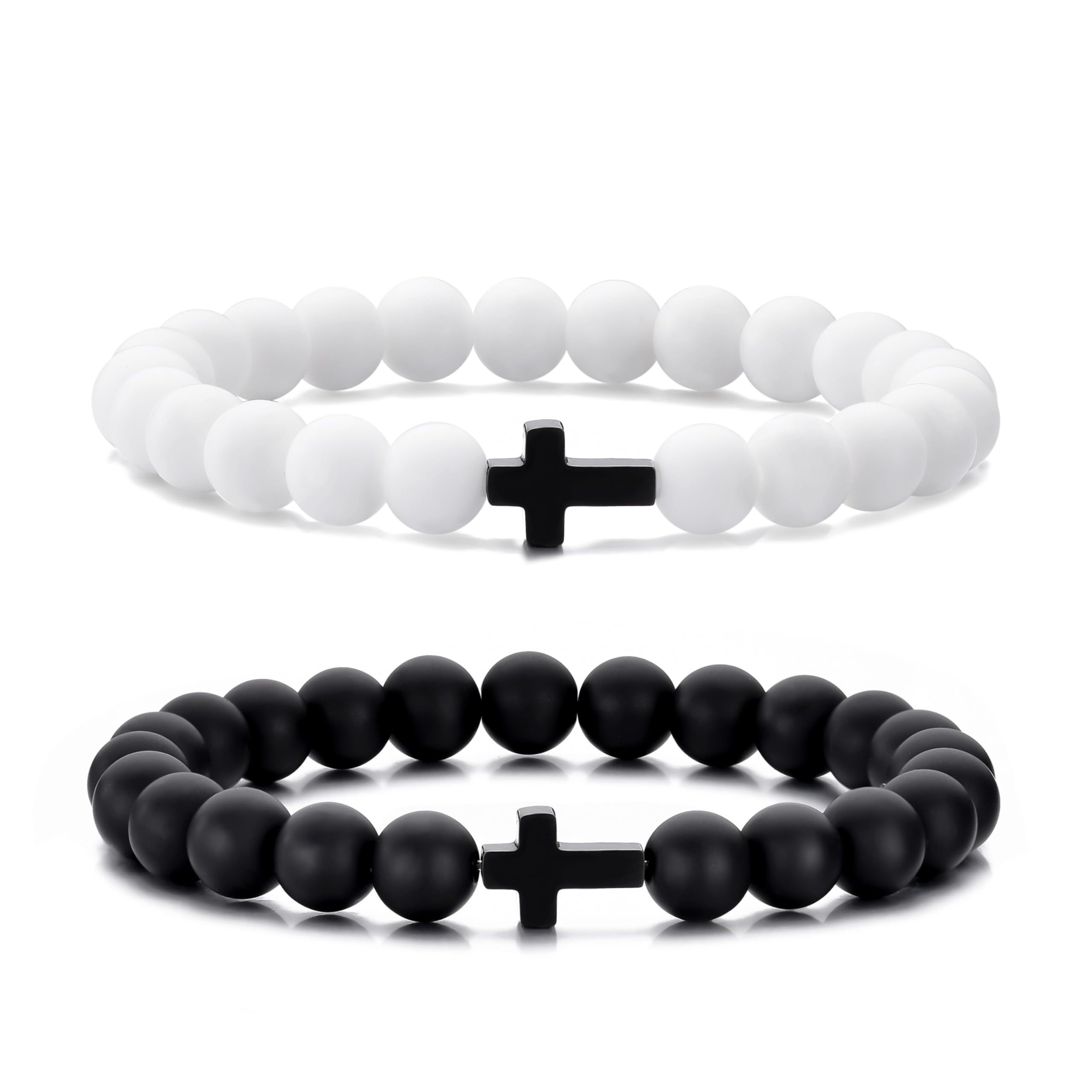 Image of Zzltaws Beaded Cross Bracelet For - 8mm White & Black Beads With Matte Black Cross Pendant, Minimalist Unisex Jewelry For Casual & Formal Wear