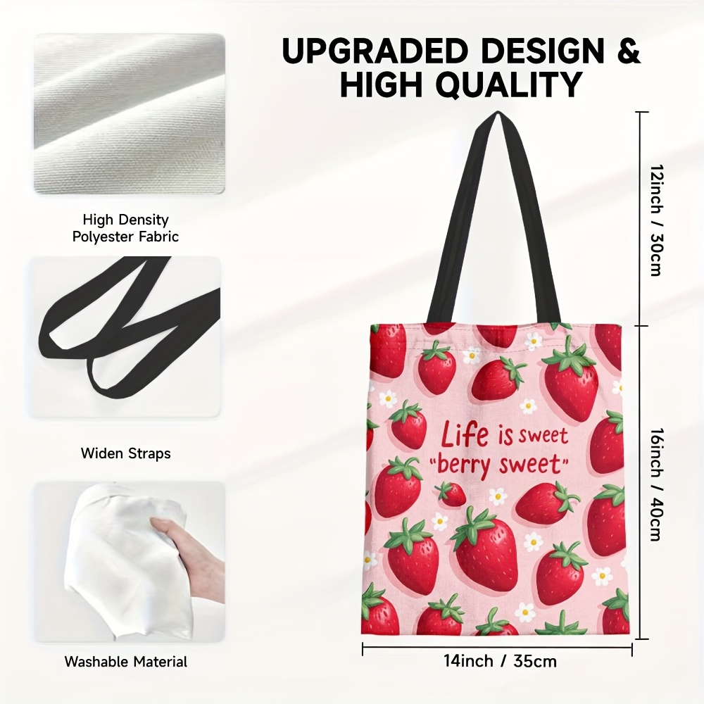 E-shop 1pc Erdbeertote Tasche - Große Kapazität, Wiederverwendbare Einkaufstasche mit " Sweet"-Design, für Einkaufen, Reisen und Arbeit, Einfach zu