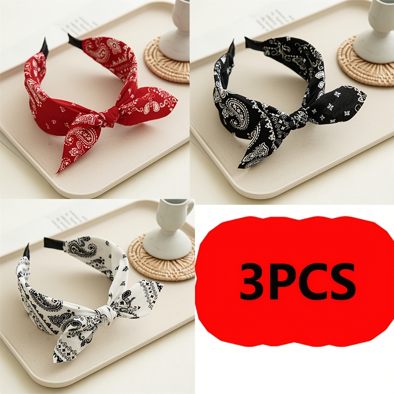 TEMU 3pcs Fashion Paisley Bow Headband, European And Wide-brim Vintage Knotted Face-washing Headband Hair Accessory