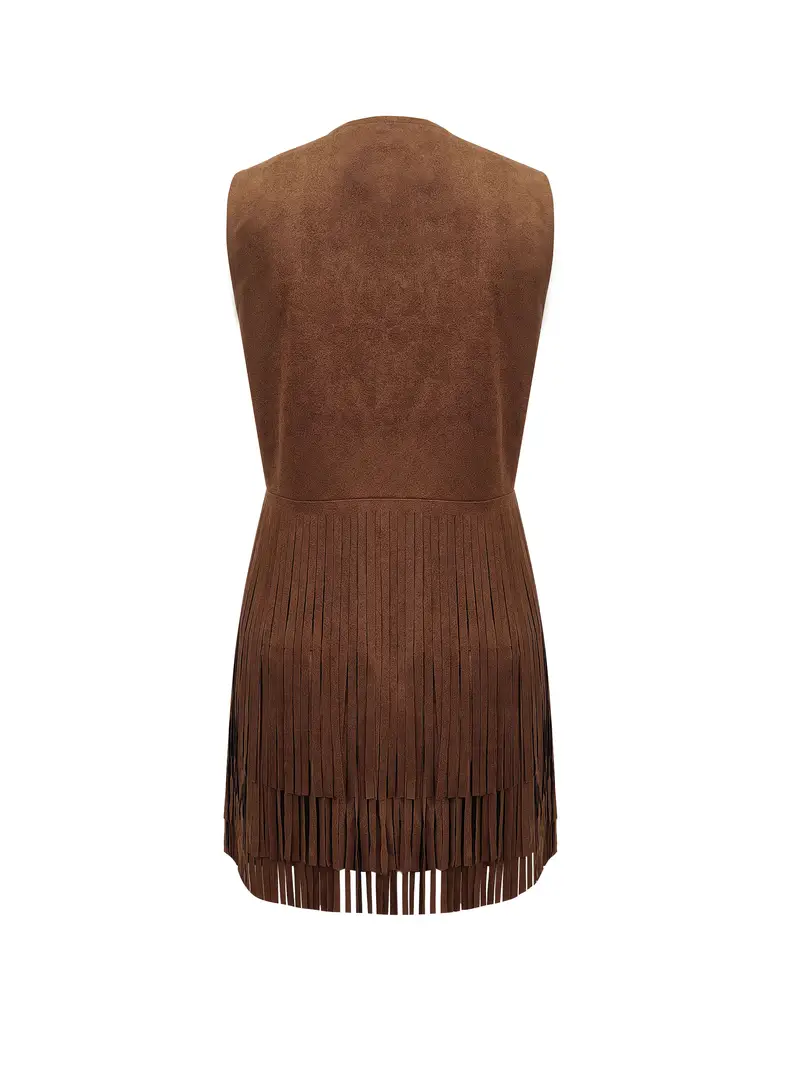 western style tassel brown suede vest mini dress Women's Suede Western Tassel Sleeveless Slim-Fit Midi Dress Wine Red / XL