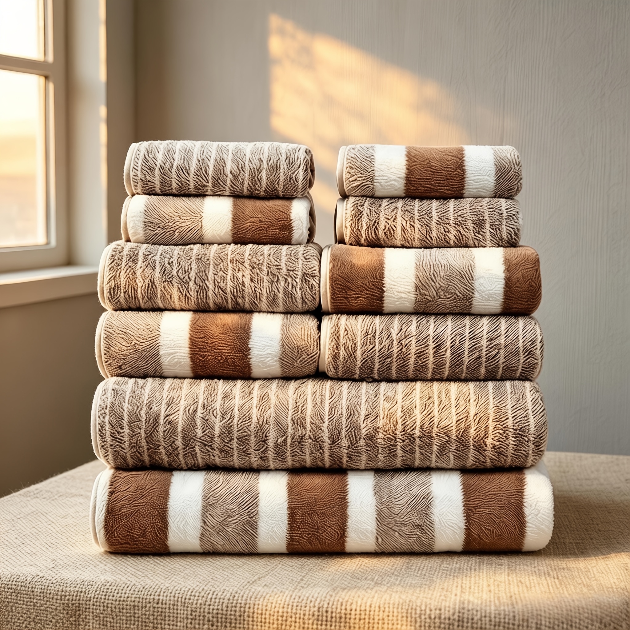 TEMU 10pcs Wide And Thin Striped Soft Towel Set, 2 Bath Towels + 4 Hand Towels + 4 Washcloths, Household Absorbent Hand Towel, Hand Towel, Guest
