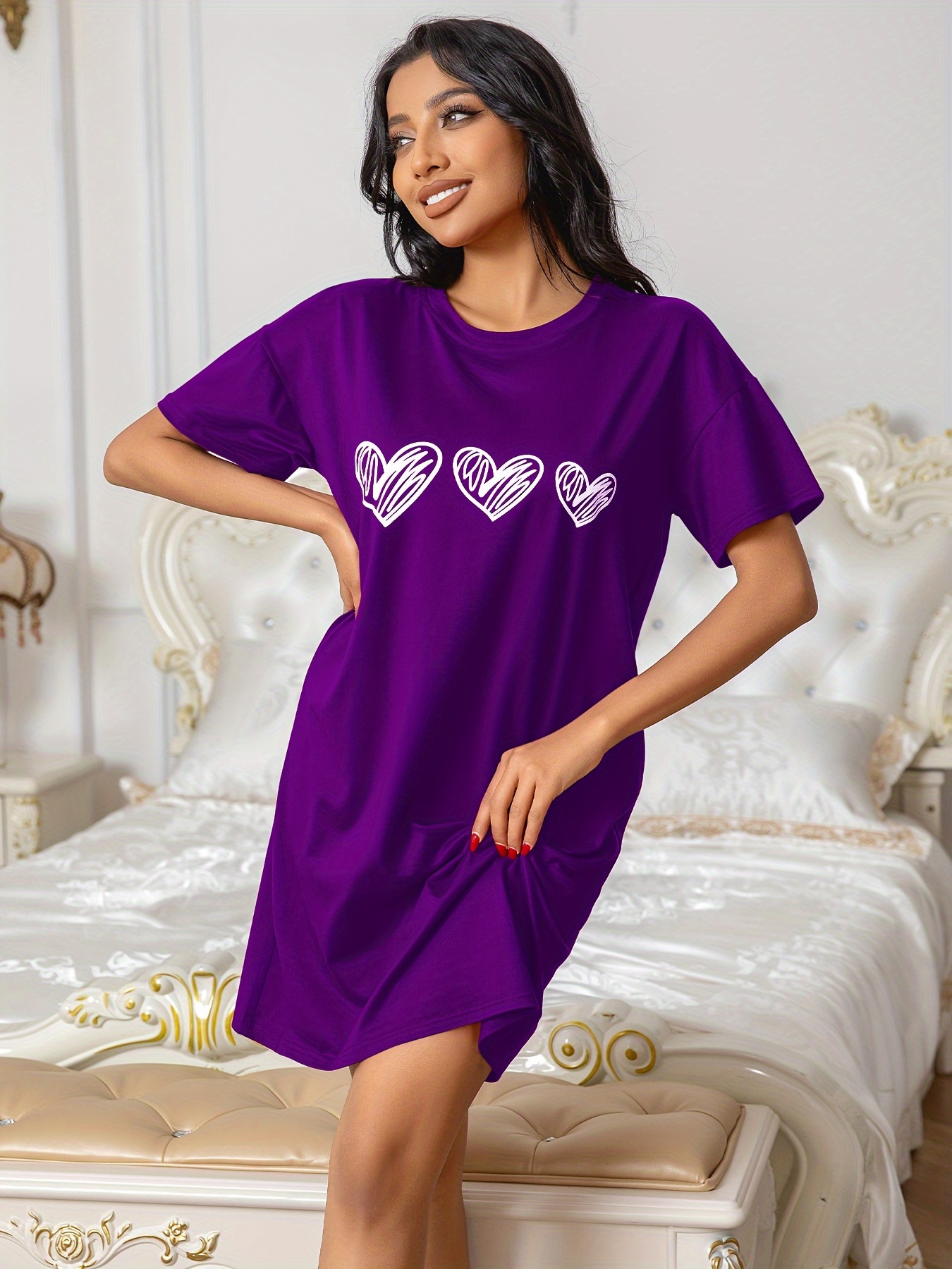 casual heart print nightdress short sleeve round neck loose Temu Ireland