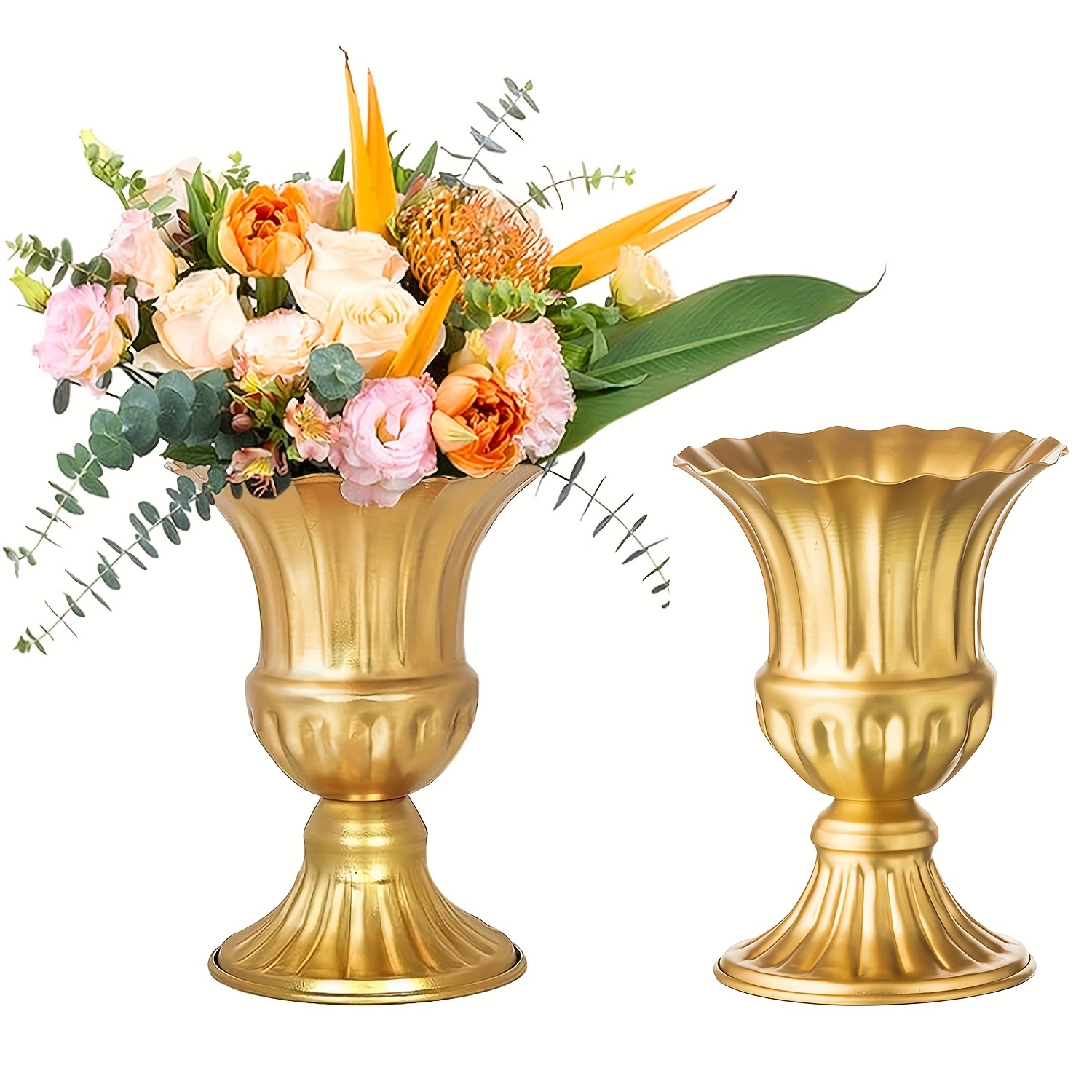 

2pcs Set Contemporary Golden Metal Trumpet Vase Set - Decorative Centerpieces For Wedding And Home Decor