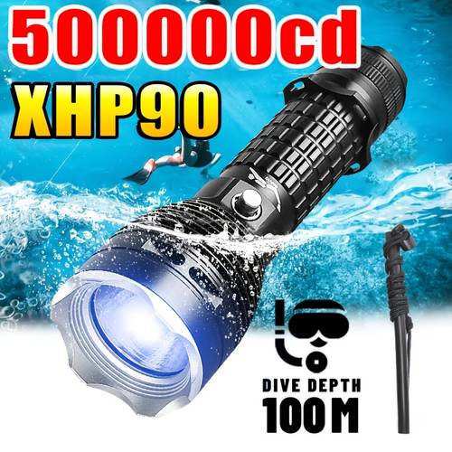 imagen del artículo linterna de buceo más potente, linternas led recargables, linterna de buceo de iluminación, súper xhp90, súper lámpara profesional submarina, impermeable, utiliza batería 26650, material de aleación de aluminio, para buceo y
