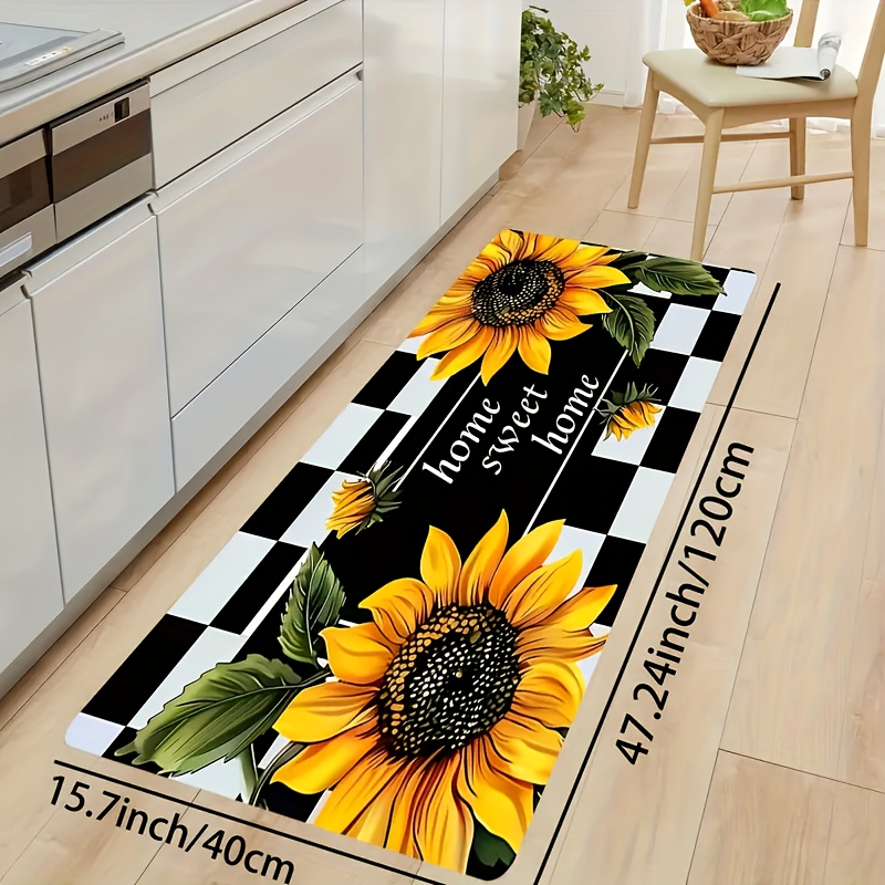 TEMU 1 Item Of [ Product], A And White Sunflower Grid Printed Carpet For The Kitchen, Hallway, And Bathroom, Machine Washable, Home Decor, + 0.47-inch Mat