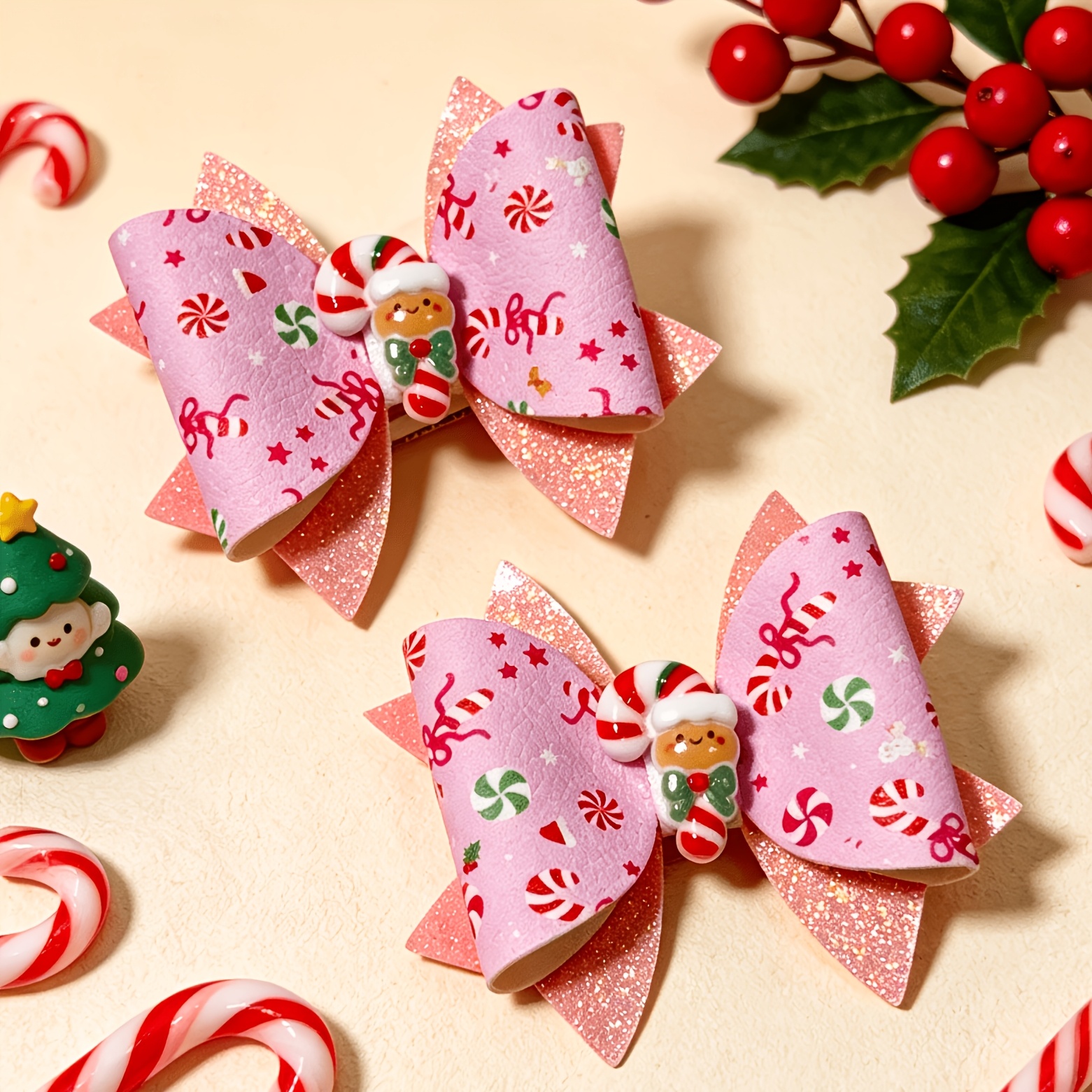 TEMU 2pcs Pink Christmas Candy Cane Bow Hair Clips, Gingerbread Man 3d Decoration, Glitter Faux Leather Side Clip, Sweet Girly Accessory, Christmas
