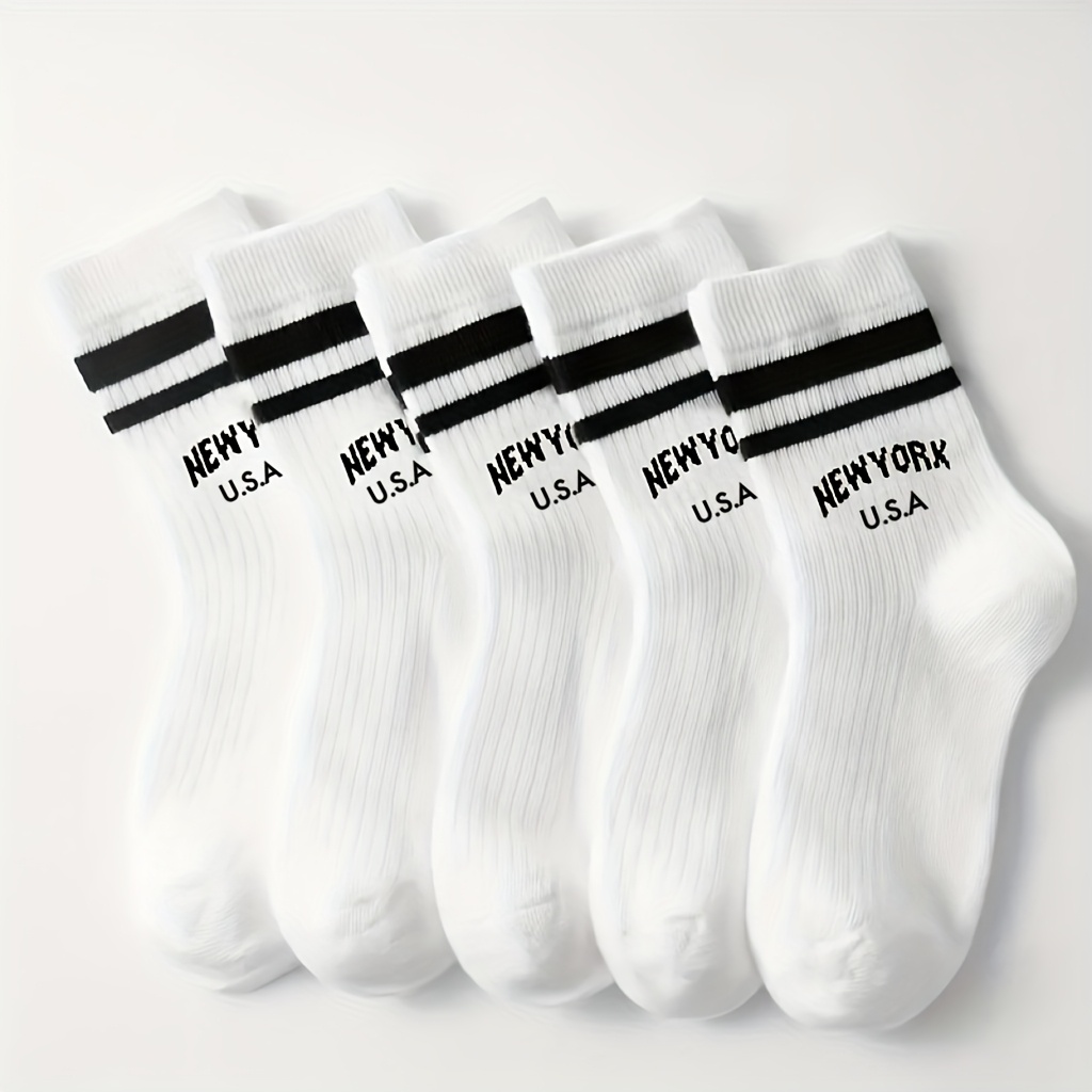 Image of 5-pack Kids' Socks With Double Stripe Letter Print, College Style Mid-calf Socks, Breathable Comfortable Anti-odor Sports Socks, Fashionable Versatile Socks For
