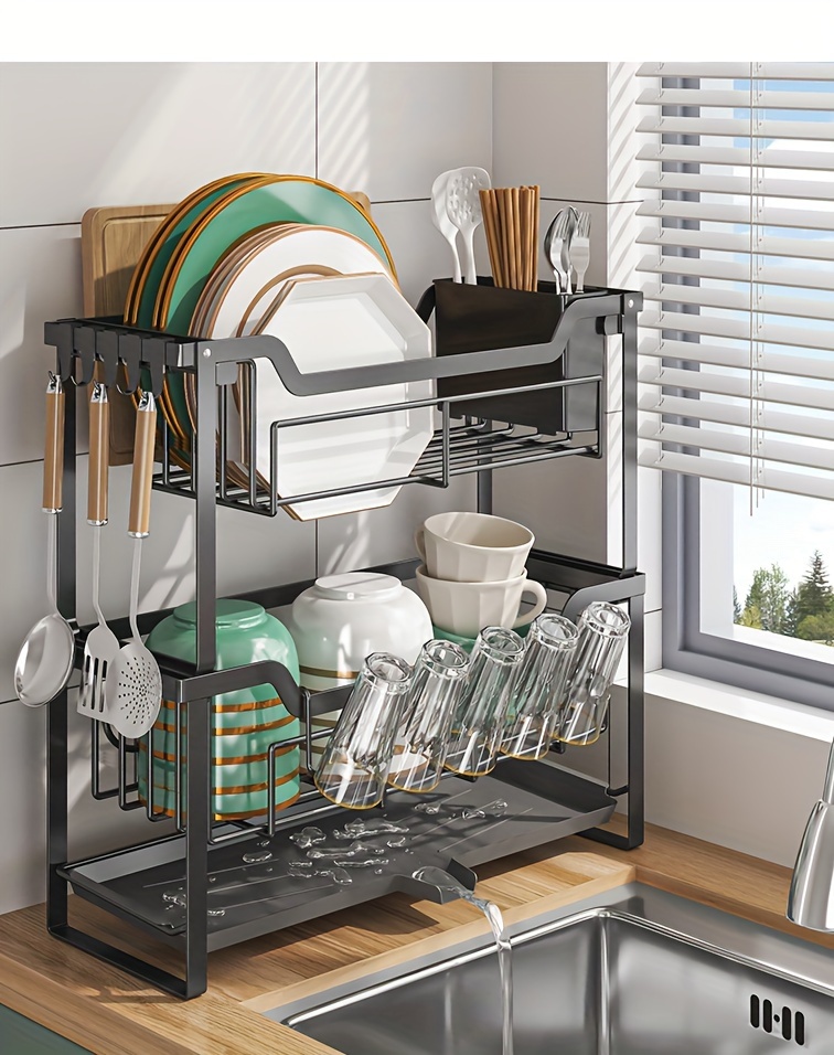 space saving dish rack with drain tray hooks utensil holders multifunctional kitchen organizer for dishes cups knives forks chopsticks Product details 10