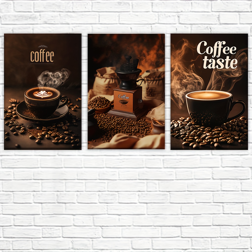TEMU 3pcs Coffee & Coffee Beans Wall Art Set - Unframed Abstract Coffee Paintings (coffee , Espresso, Latte) - Coffee Cup, Beans & Grinder Drawings