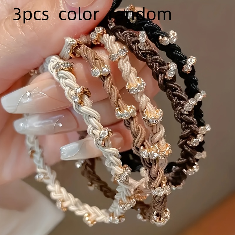 3pcs, Rhinestone Braided Headband, Elastic Ponytail Ring, Elegant Hair Additions