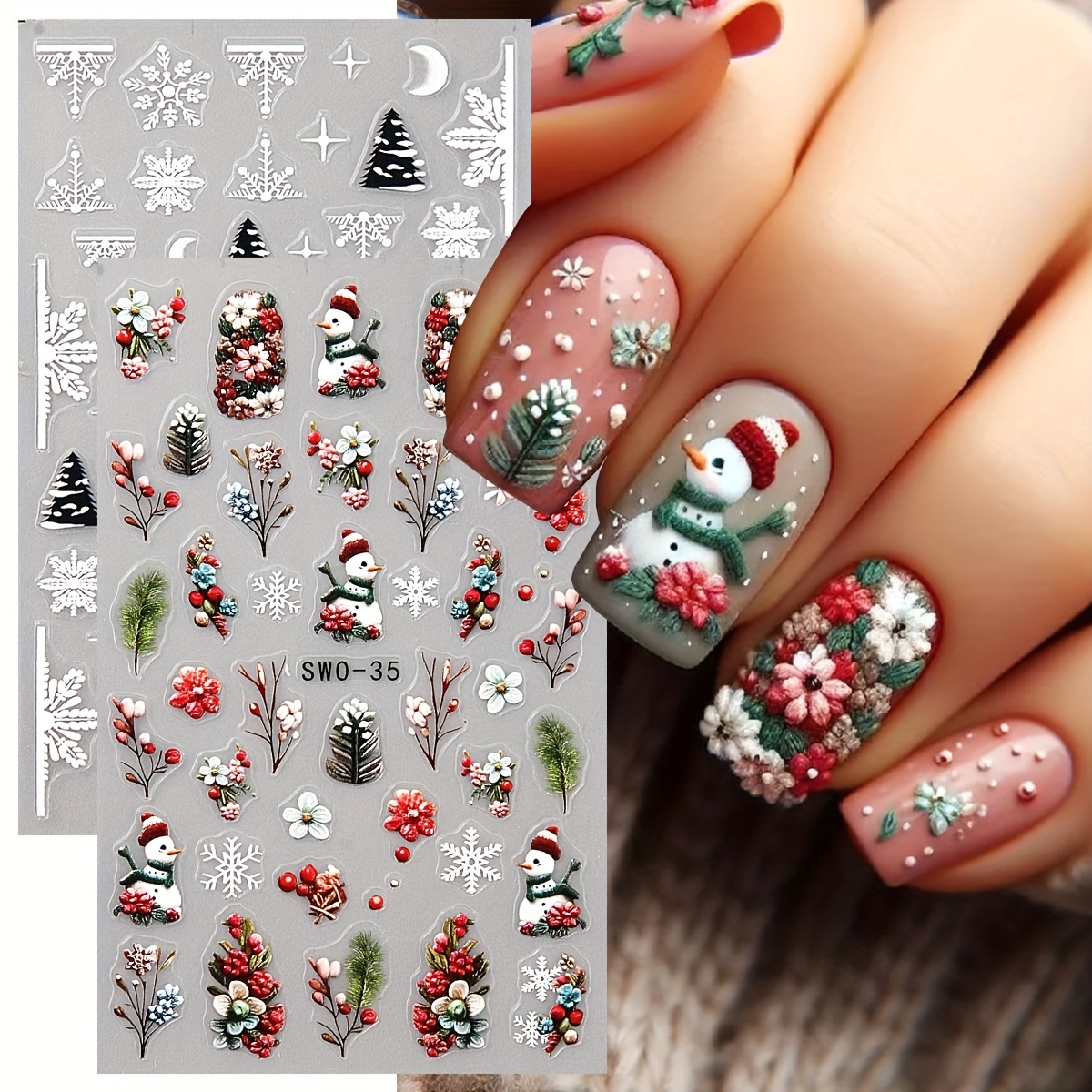 

2pcs Christmas Nail Art Stickers - 3d Snowman, Tree & Floral Designs | Matte Finish, Self-adhesive Decals For Festive Manicures