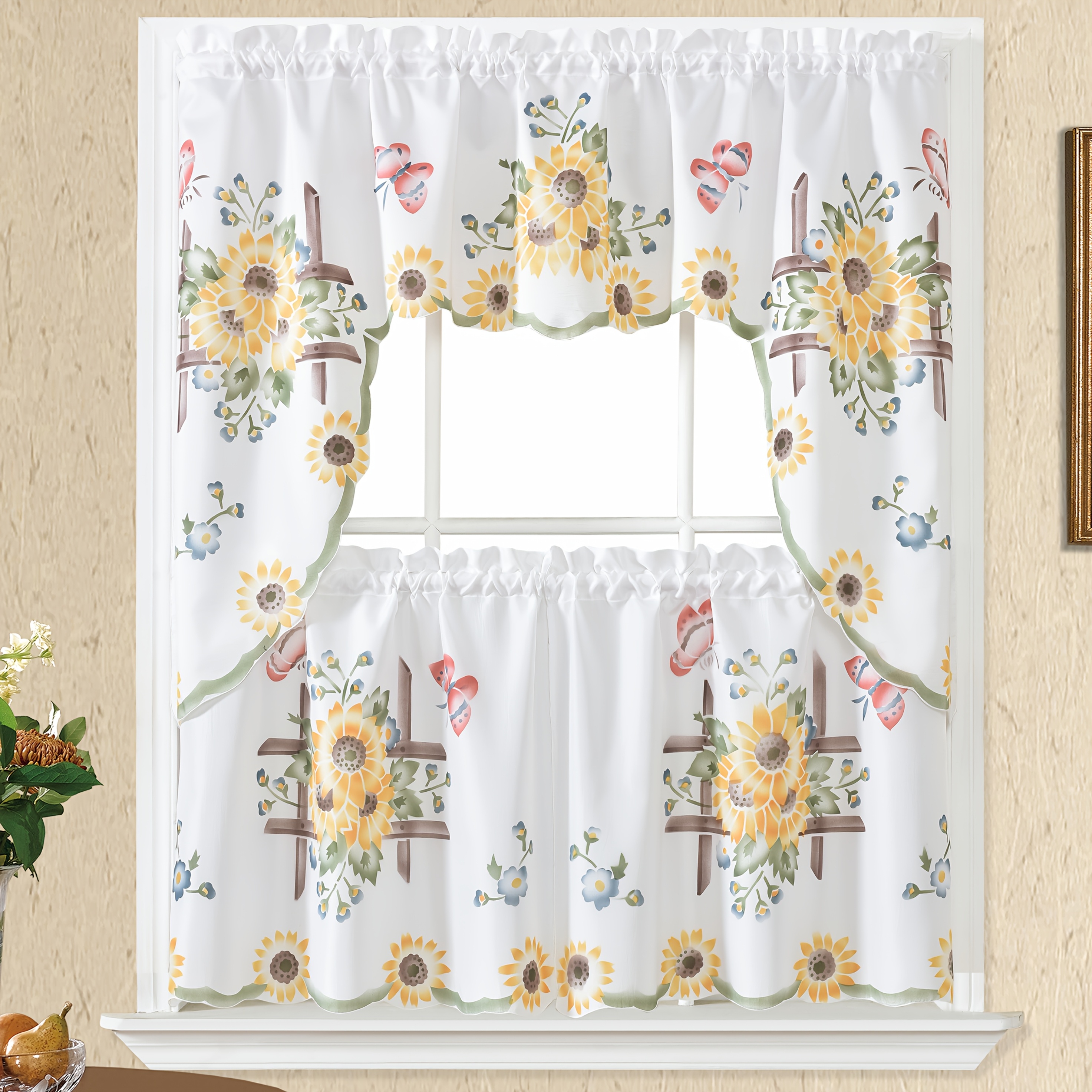 

3pcs Set Of Handcrafted Sunflower Kitchen Curtains - Rod , Light Filtering Fabric For Home Decor In Living Room, Dining Area & More