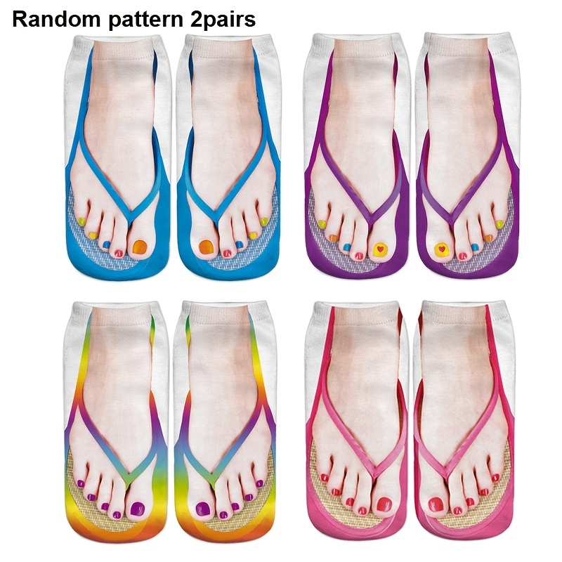 TEMU 2 paires de chaussettes tongs à motif aléatoire imprimé en 3D, chaussettes amusantes pour femme, chaussettes cheville tongs, chaussettes basses
