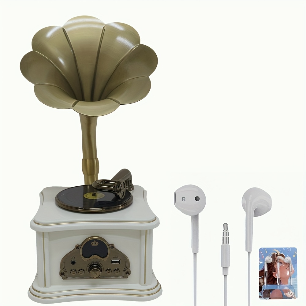 Image of Mini Wooden , 1pc Headphones Earbuds Wired 3.5mm, Gramophone Shape, Earphone Jack, Wireless Connection, Stereo Speakers, Vintage Speakers, Aux In, Usb, Vintage, White