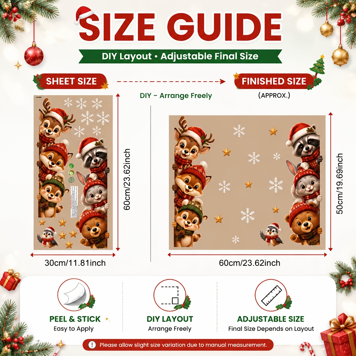 TEMU 1pc 30x60cm Christmas Peeking Woodland Animal Window Sticker Deer Fox Squirrel Raccoon Rabbit Penguin Bear Santa Hat Scarf Snowflake Adhesive