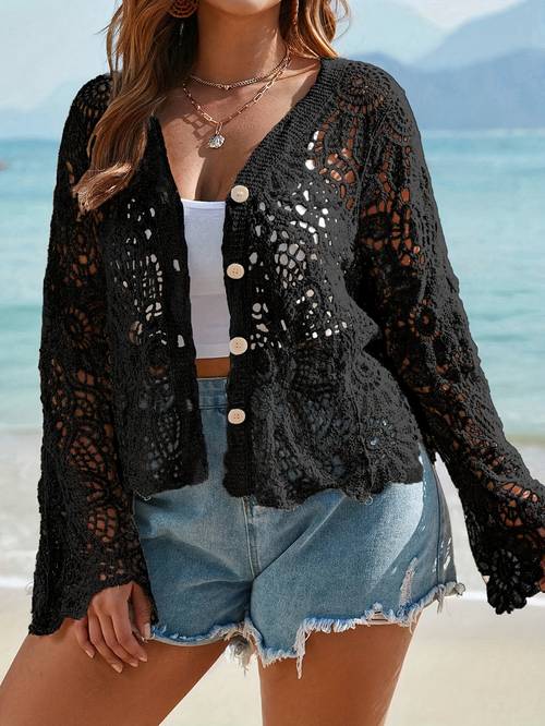 plus size plus size bohemian style womens lace casual kimono v neck long sleeve with button details beach vacation travel essential outerwear music festival