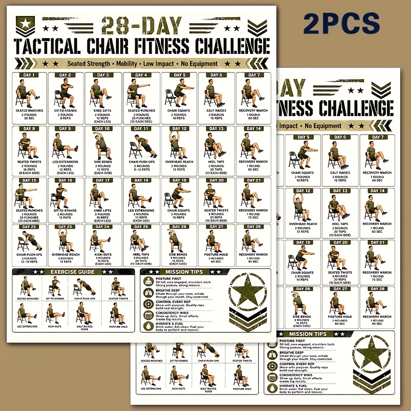 TEMU Lot de 2 affiches de de fitness pour chaise tactique - d'entraînement de de style militaire, guide d'entraînement de force et de adapté pour de