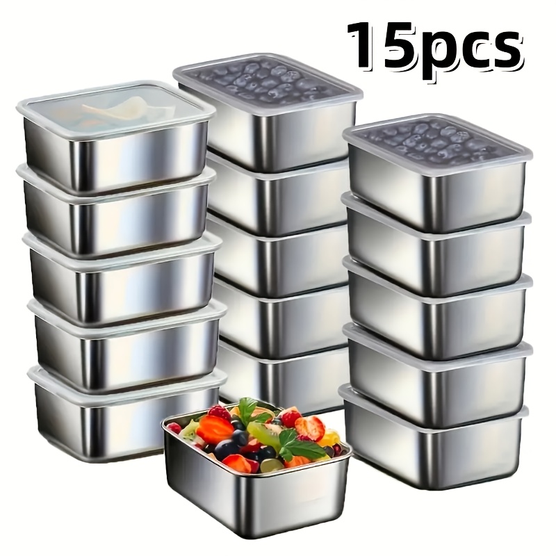 15pcs Stainless Steel Food Storage and Organization Set, Multi-Functional Travel & Takeout Containers with Plastic Lids – Reusable, Stackable Meal Prep Boxes for Vegetables, Fruits, Meat, Seasonings – Ideal for Camping, Home  , Office, and School Use