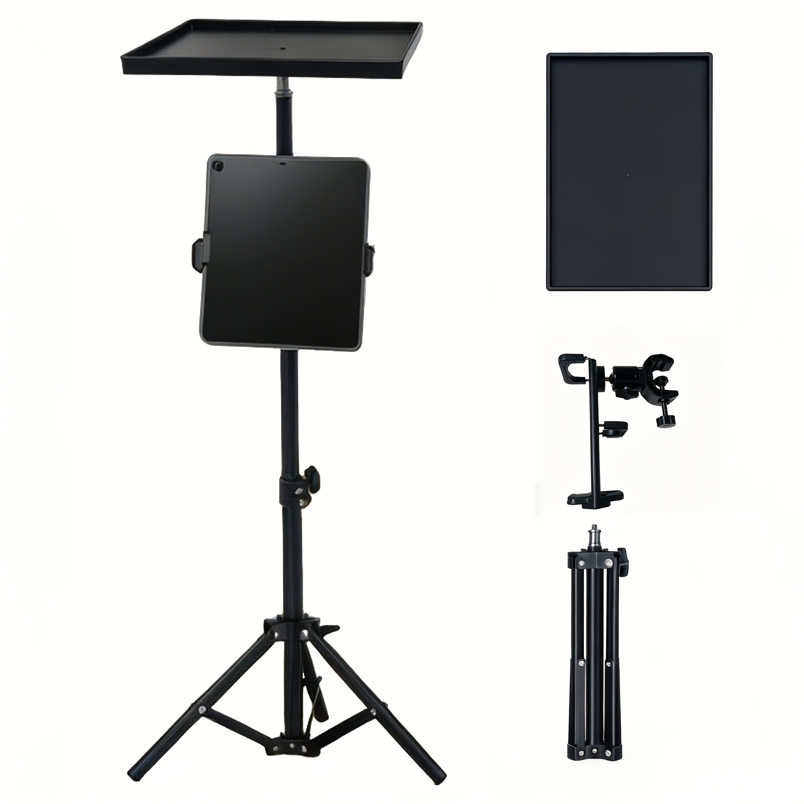 TEMU Projector Tripod Stand With Tray, 2-in-1 Tablet/phone Holder, 360° Ball Head & C-clamp Mount, Height Adjustable