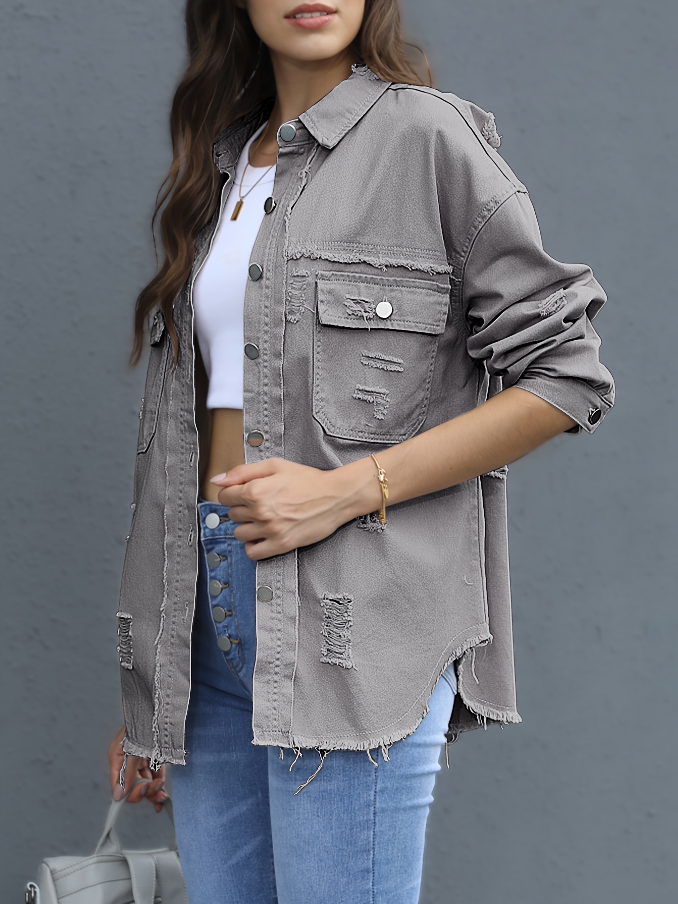 Women'S Distressed Denim Shirt Jacket With Hem Detail, Street Style,  Fashion Casual Button-Up Jean