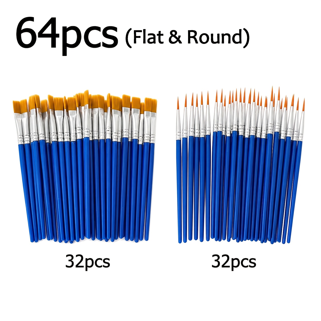 TEMU 64pcs Paint Brushes, Nylon Bristle Art Brushes With Blue Plastic Handles, Flat And Round Tip Painting Brushes, Multi- Brushes For Acrylic,