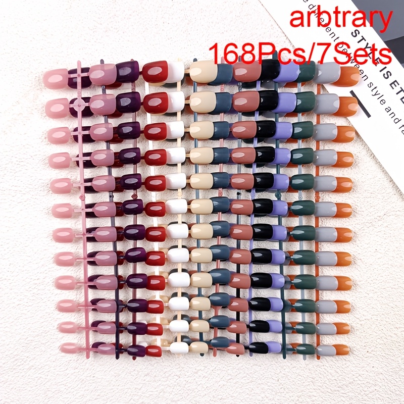TEMU 168pcs 7 Strips Short Squoval Press On Nails, Assorted Solid Glossy Fake Nails, Same Shape Random Mixed Different Colors, Durable Easy On False