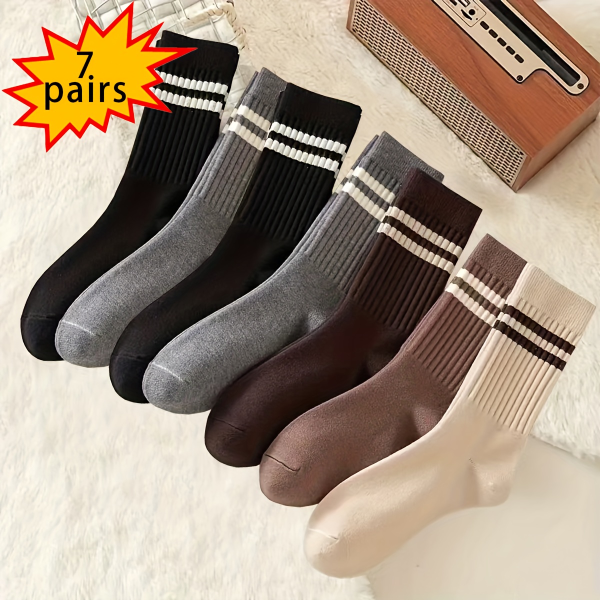 TEMU 7 Pairs Of Mixed Style - Casual And Comfortable Striped Long Socks For Men And Women, Moisture-wicking And Odor-resistant Mid-calf Socks