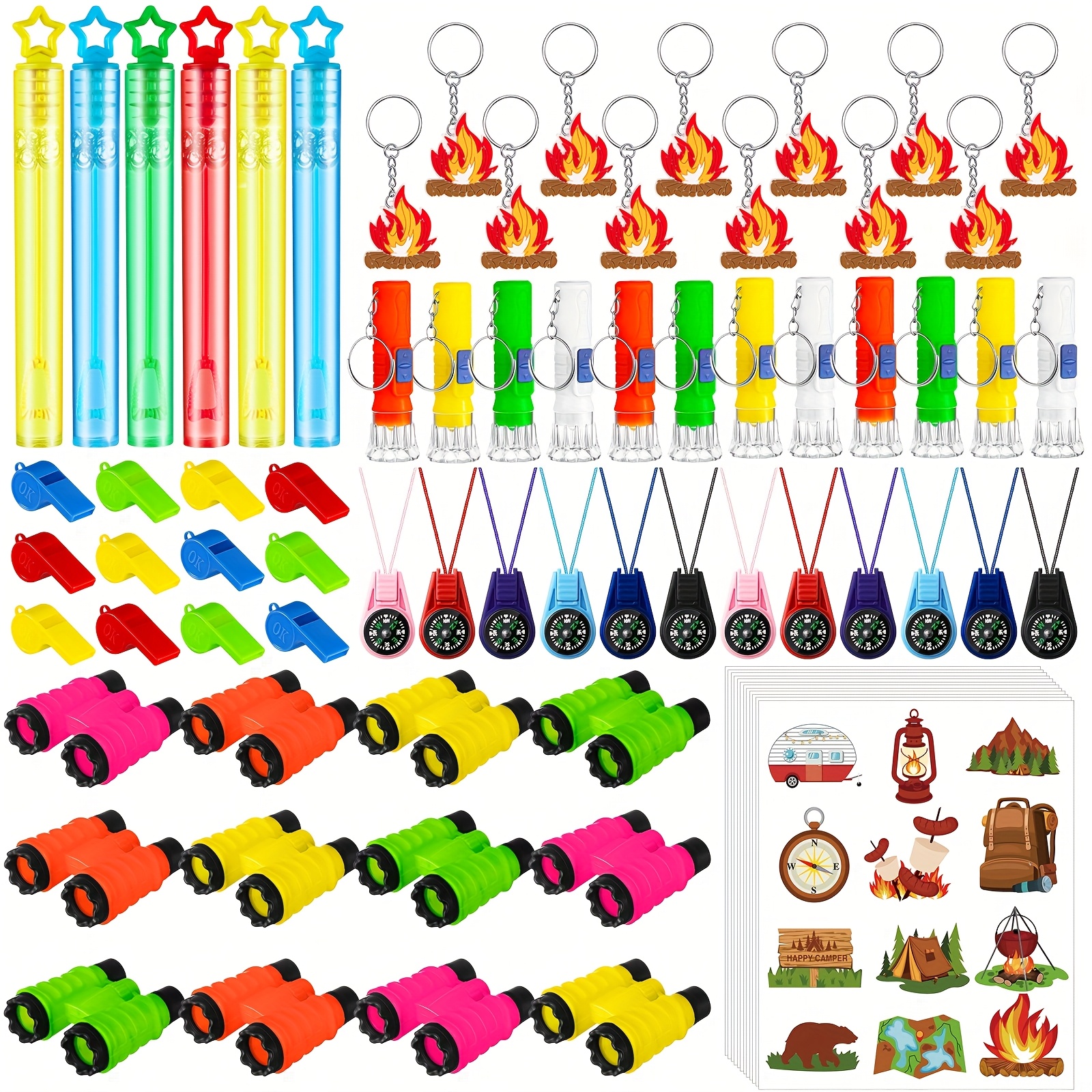 TEMU 216pcs Camping Party Favors Birthday Decorations Mini Compasses Flashlights Stickers Keychains Bubble Wands Binoculars For Camping Classroom