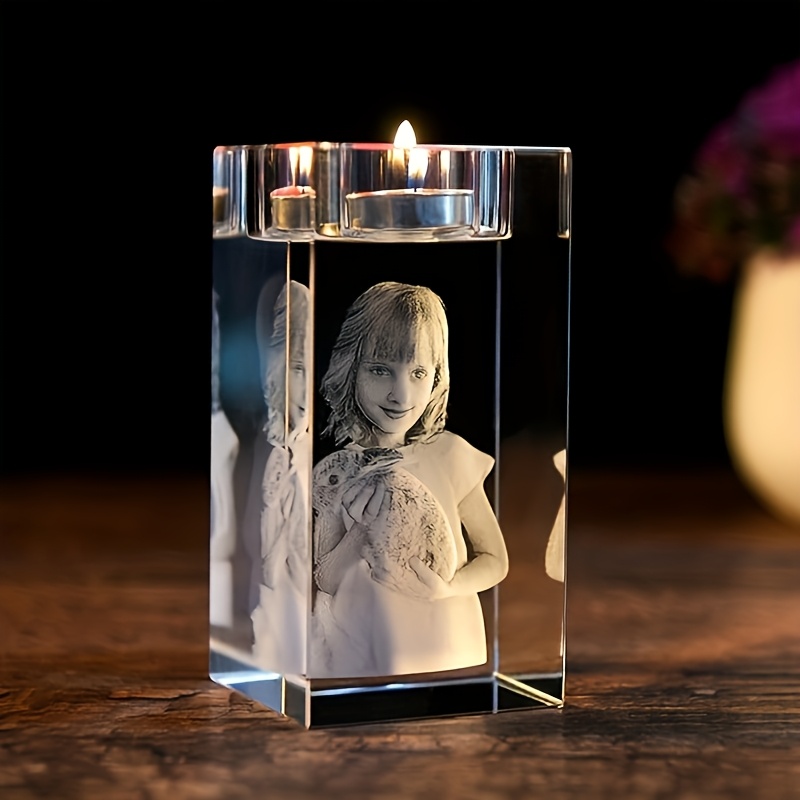 TEMU Personalized Photo & Text Engravable Crystal Glass Candlestick - Custom Photo & Text/photo Only - Clear Square- With Sturdy Base - Elegant