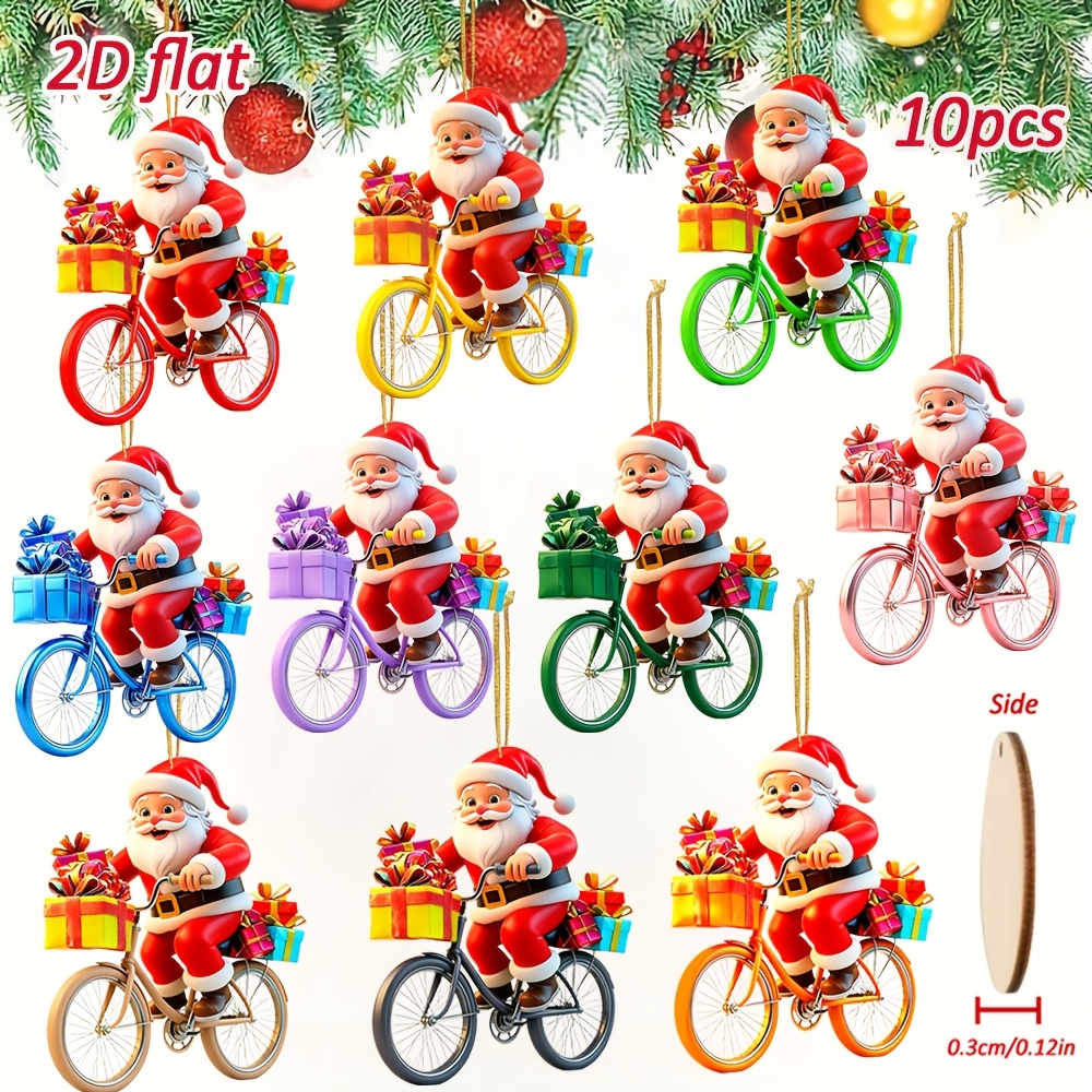 TEMU 2d Flat, 10pcs Pack Suitable For Christmas Trees, Gardens, Homes & Backpacks - 10pcs Wooden Santa On Bicycle Hanging Ornaments, Artificial