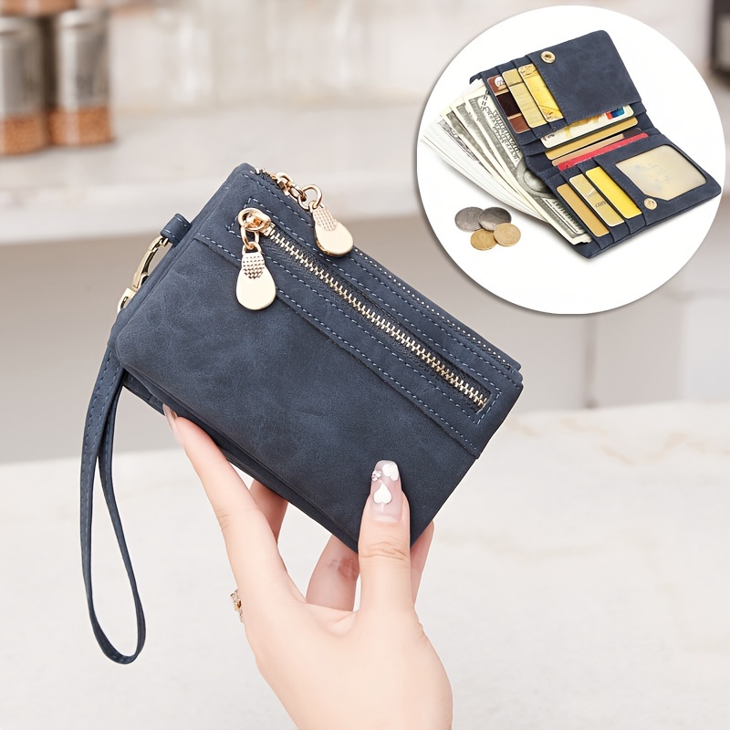 

Small Wallet, Pu Leather Short Wallet, Casual Portable Card Holder With Zipper Coin Pocket, Multiple Card Slots With Id Window And Wrist Strap