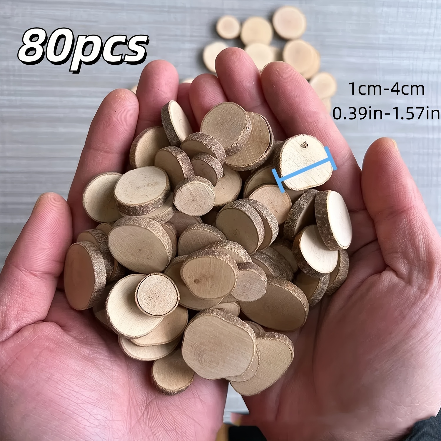 Image of 80pcs Of Natural Wood Chips 0.39-1.18in 60pcs, 1.57in 20pcs Perfect For Crafts, Wedding Decorations, Tabletop Decorations And