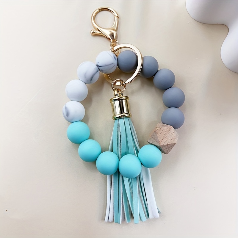A Simple And Stylish Solid-color Marble Pattern Handmade Beaded Keychain With Tassel, Suitable For Bags, Car Keys As A Pendant. A Gift Idea For Mothers, Teachers, Or