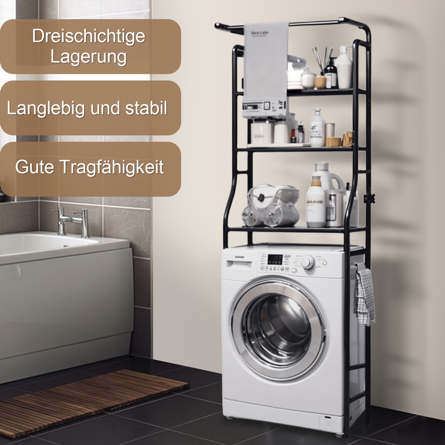 

Bathroom Shelf, With Towel Rack, Stand Shelf With 3 Hooks, 3-pet Stahlwaschmaschinenst, Washing Machine Shelf, Metal Bathroom Shelf, Toilet Storage Shelf, Wc Shelf, 161*66cm, Shelves