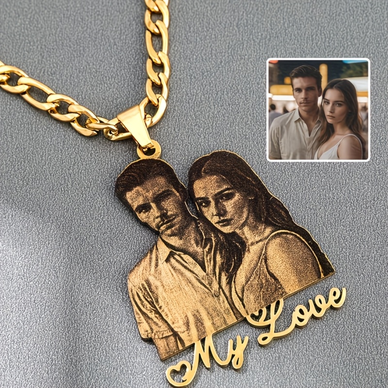 TEMU Custom Nk Necklace Custom Portrait Pendant Necklace With Personalized Font - Perfect Gift For Couples, Durable And Printing, Durable Metal