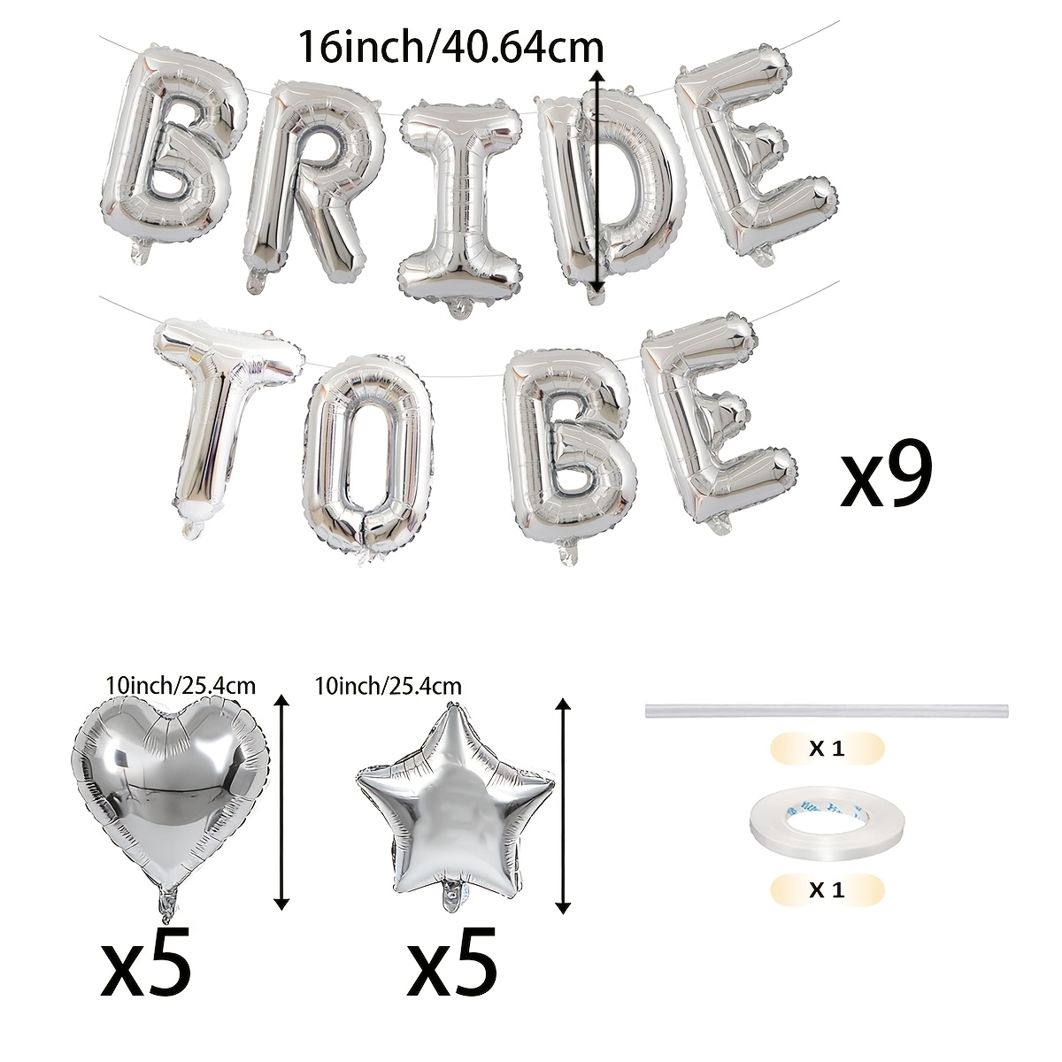 Image of 16inch Balloons "bride To Be" With 10pcs Silver Heart And Balloons With Straw And Ribbon For Wedding Party Decorations, Bridal Shower Party Supplies, Bachelorette Party Decorations (total 21pcs)