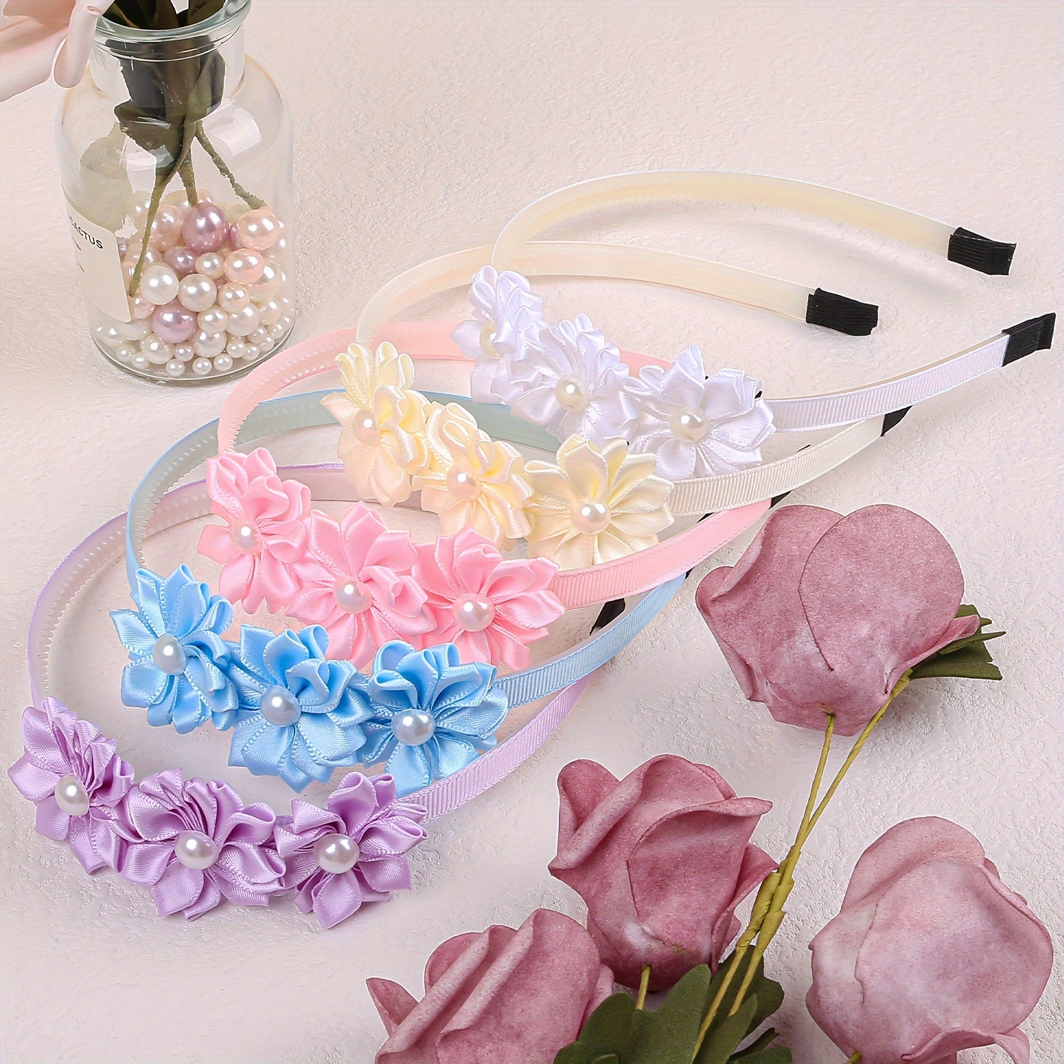 5pcs Set Of Simple Flower Headbands With Accents, Plastic Hairbands For Holiday Parties And Hair Accessories