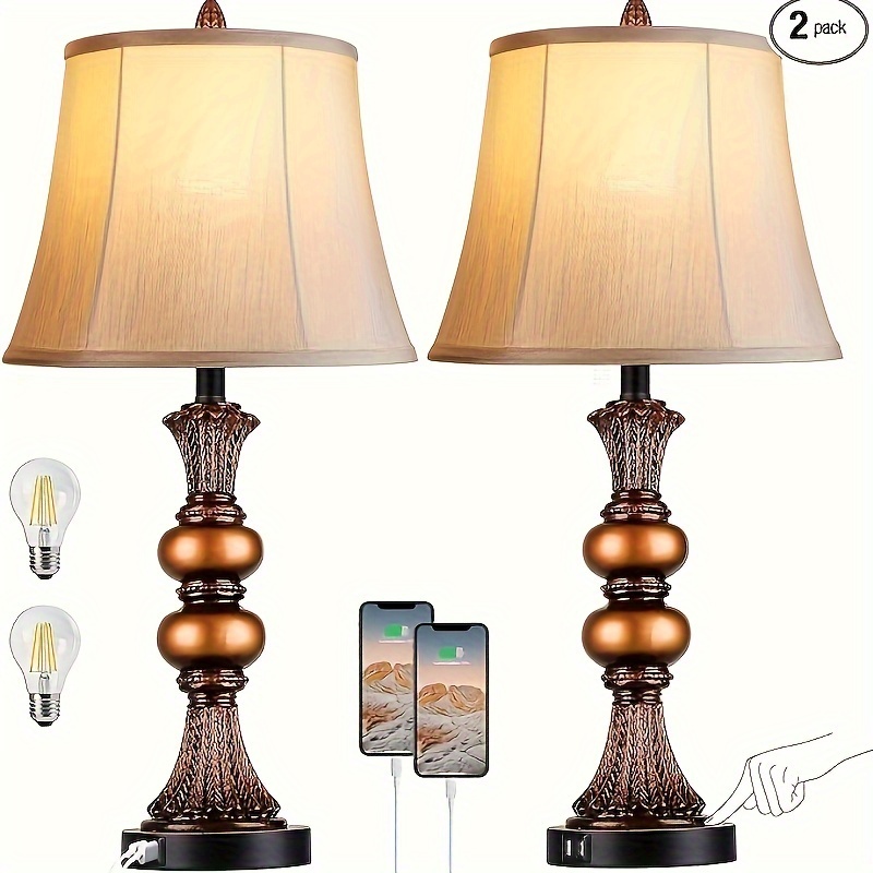 

Set Of 2 Traditional Table Lamp, 27"h Bedside Lamps With 2 Usb Charging , 3-way Dimmable Bronze Large Nightstand Lamps Faux Silk Shade For Living Room, Bedroomvisit The Store