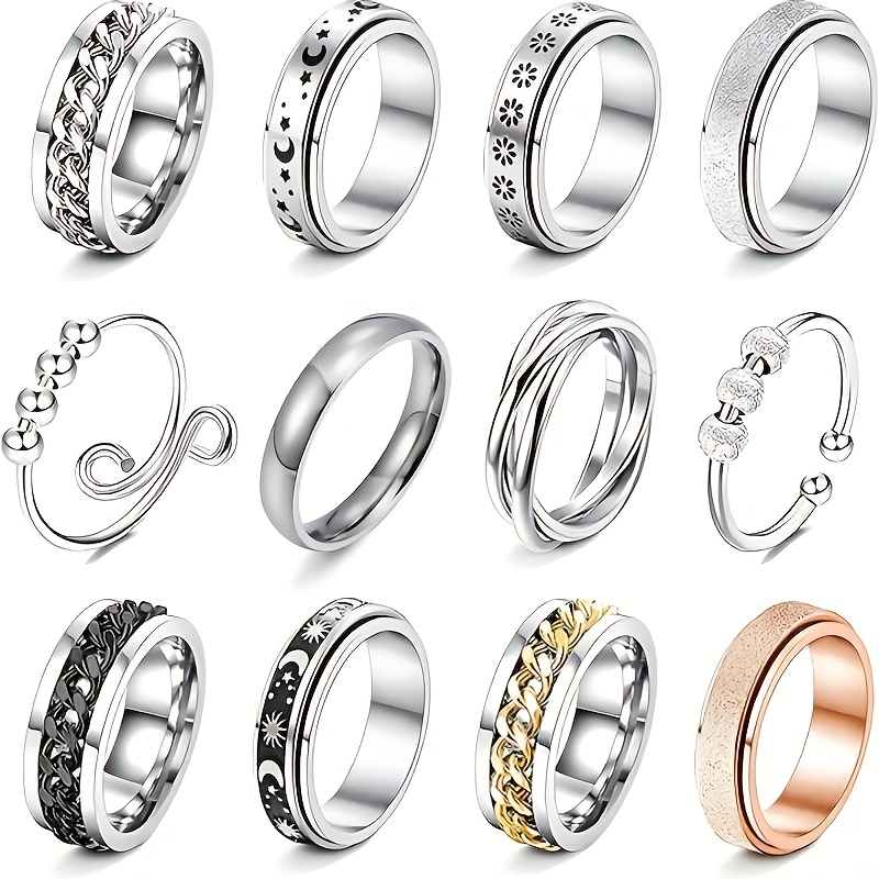 TEMU 12pcs Band Ring Men And Women 201 201 Stainless Steel Universal Wheel Wedding Promise Rotating Ring Set 201 201 Stainless Steel
