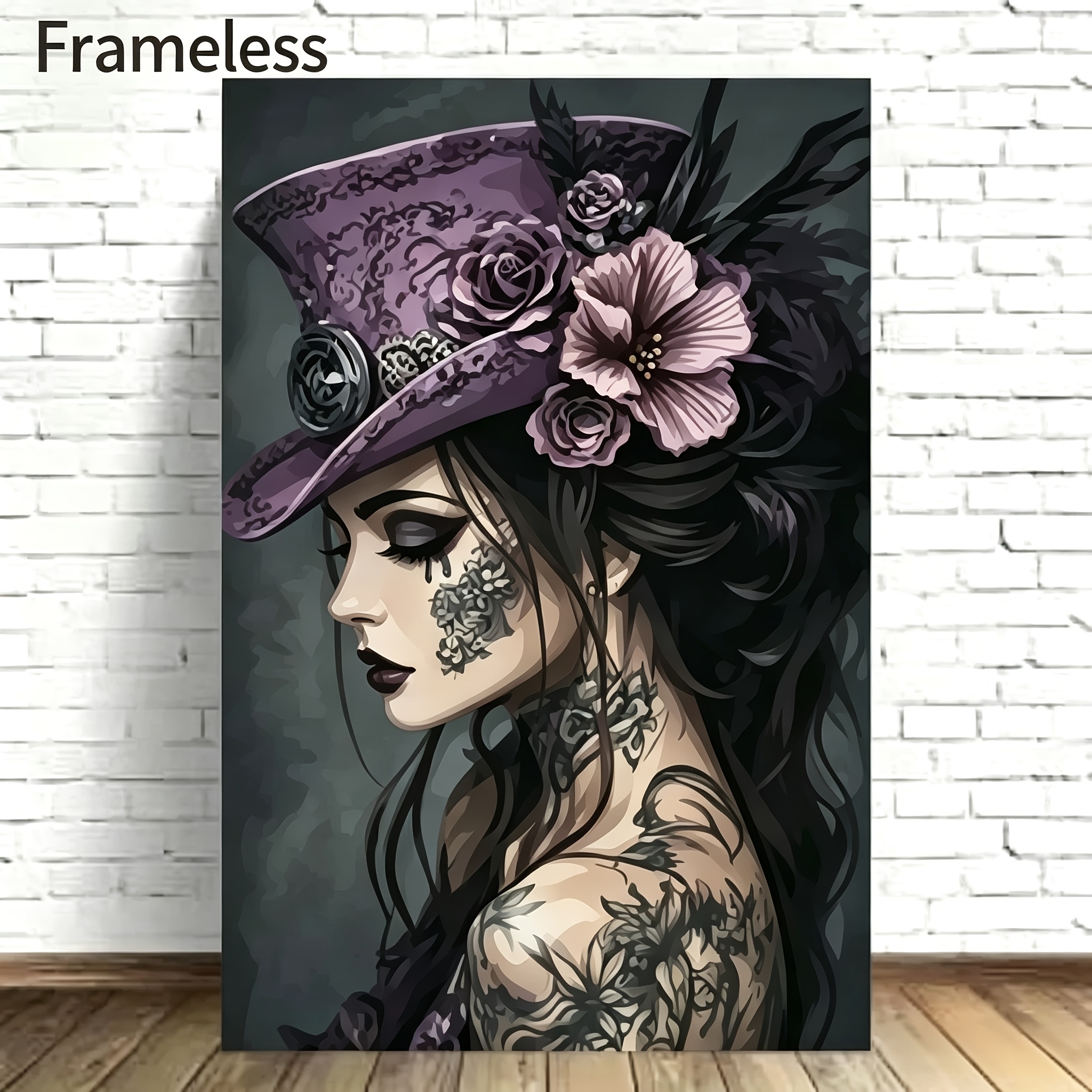 TEMU 2d Flat, 2d Flat, Frameless Decorative Painting Featuring A Vertical Gothic Lace Hat And Mechanical Jewelry Lady, Unframed - Vintage Wall Decor