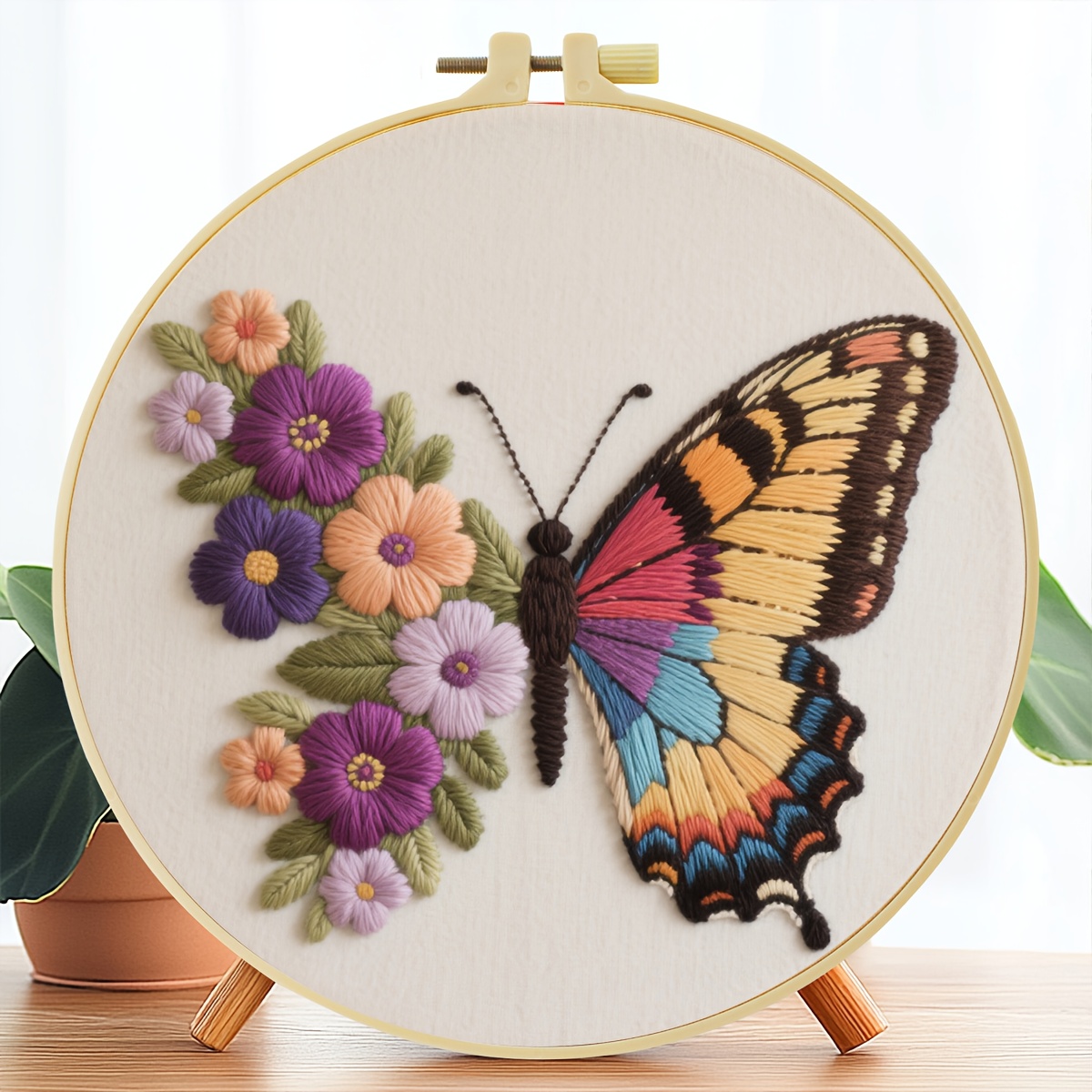 1 pieza kit completo de bordado   con diseño floral y mariposas - tela preimpresa 20x20cm/7.9x9.7,  , agujas e   incluidi 0