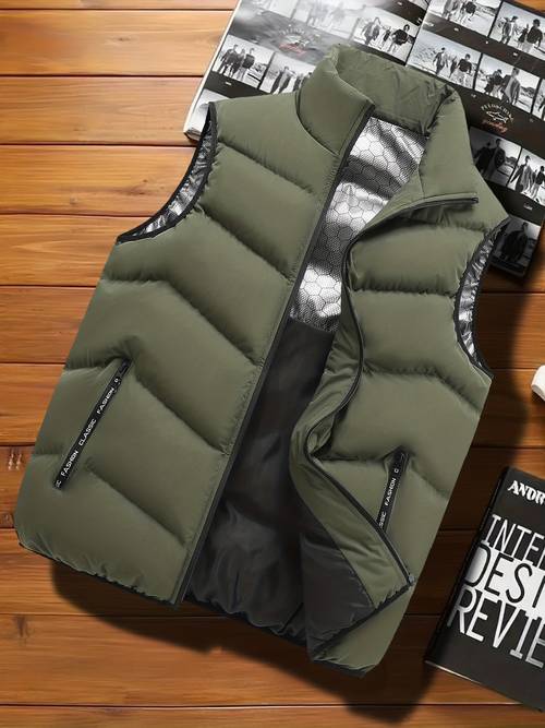 item picture mens casual sleeveless stand collar vest thickened warm zip up jacket solid winter outerwear cold proof outdoor top graphene insulation fashionable webbing suitable for daily activities holiday gift