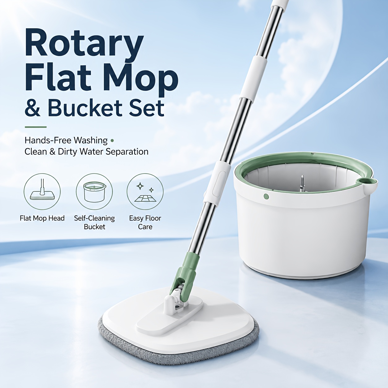 Image of Self Cleaning Flat Mop And Bucket Set, Hands Free Microfiber Floor Mop With Wash And , 360° Rotating Mop For Home Kitchen Bathroom Cleaning