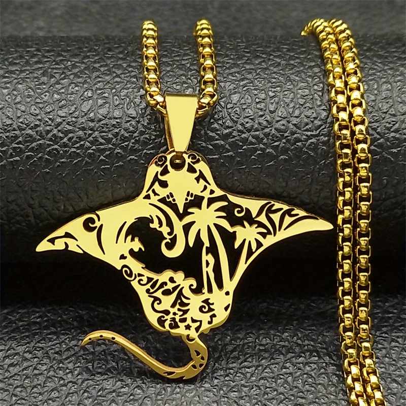 TEMU Adorable Devilfish Tropical Ocean Pendant Necklace, Stainless Steel Hollow Pattern Coconut Tree Fashion Accessory In Golden And Silvery For Men