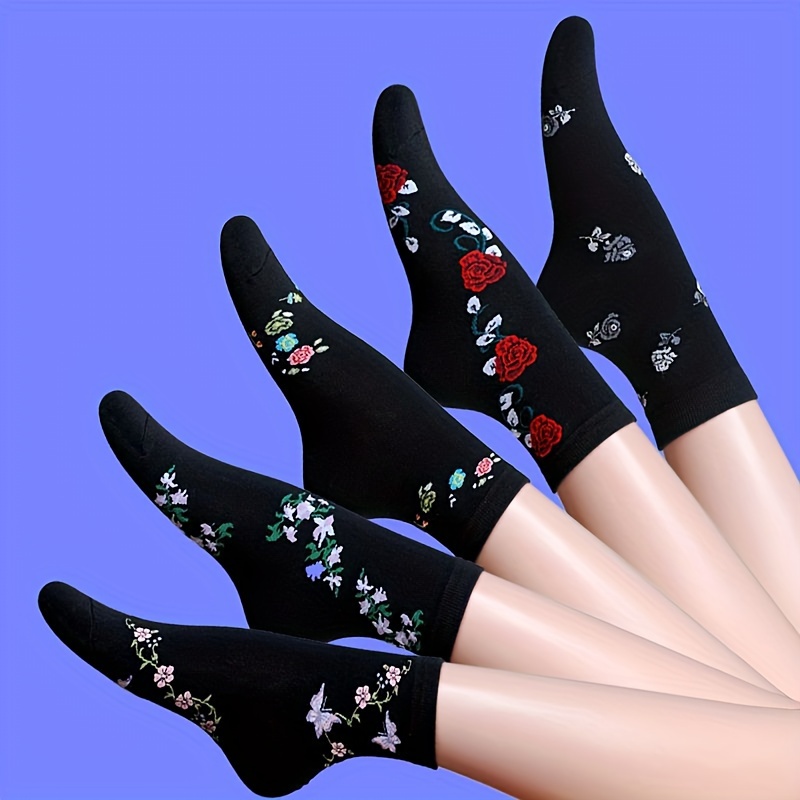 Autumn-winter Style 5-pair Women's Vintage Floral Versatile Mom Mid-calf Socks