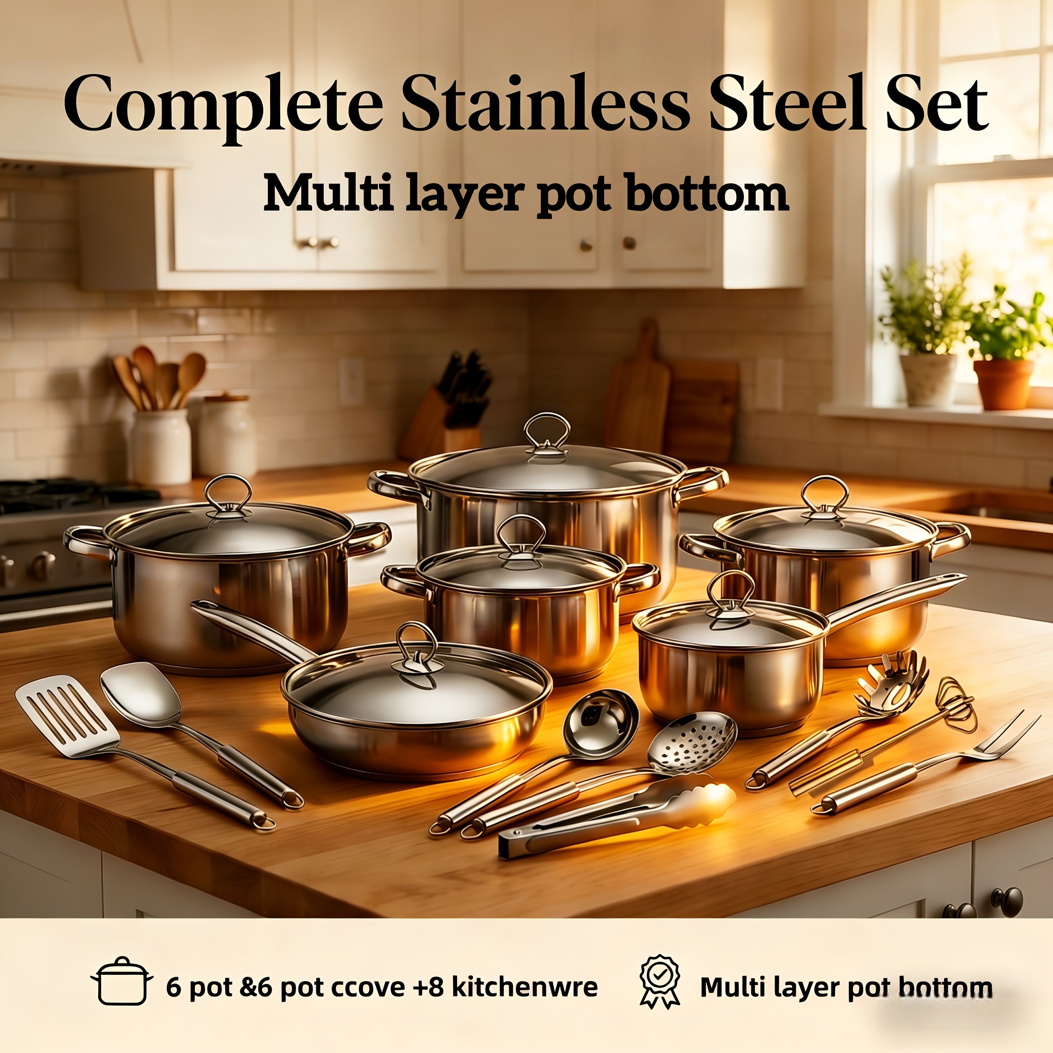 TEMU 20pcs Set Of High-end Stainless Steel Cooking Utensils For Chefs, With A Bottom Design. The Set Includes , 6 Lids, And 8 Utensils, Compatible